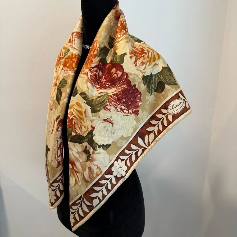 Authentic GUCCI Floral Silk Scarf in Cream and Brown